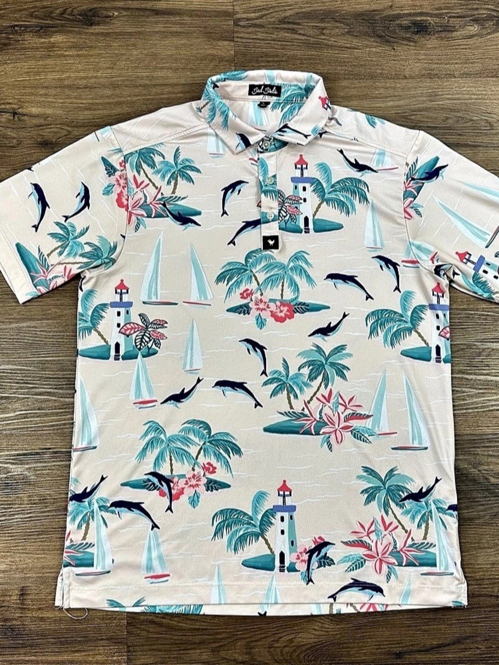 Bad Birdie Marino Polo Shirt Mens Medium Pink Tropical Print Golf Performance